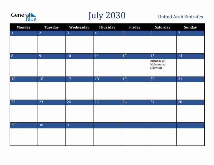 July 2030 United Arab Emirates Calendar (Monday Start)