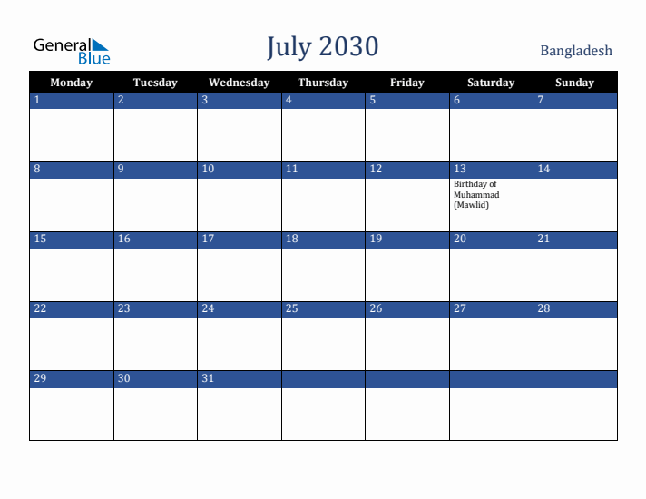 July 2030 Bangladesh Calendar (Monday Start)