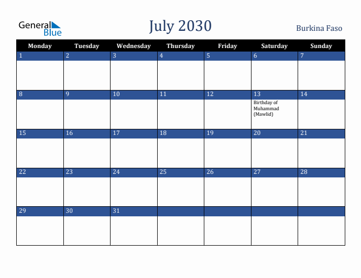 July 2030 Burkina Faso Calendar (Monday Start)