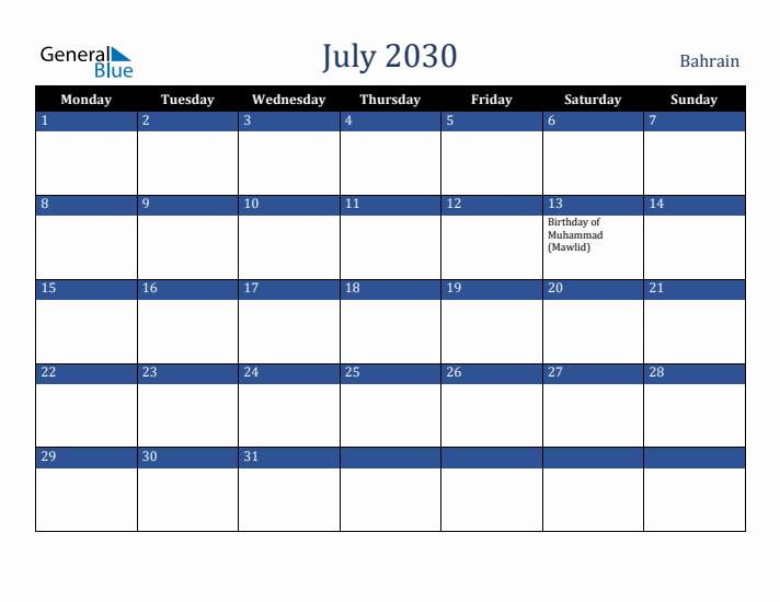 July 2030 Bahrain Calendar (Monday Start)