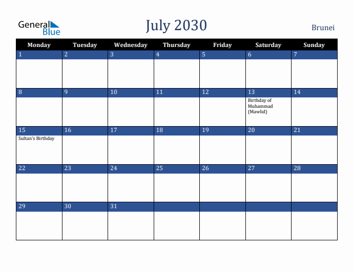 July 2030 Brunei Calendar (Monday Start)