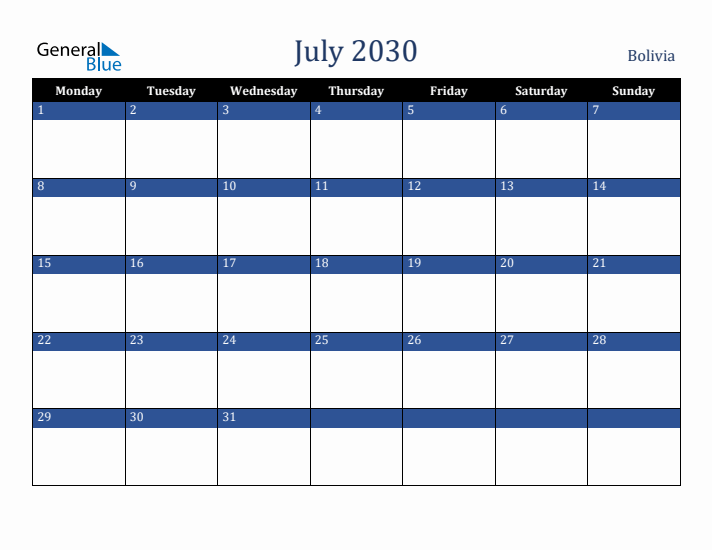 July 2030 Bolivia Calendar (Monday Start)