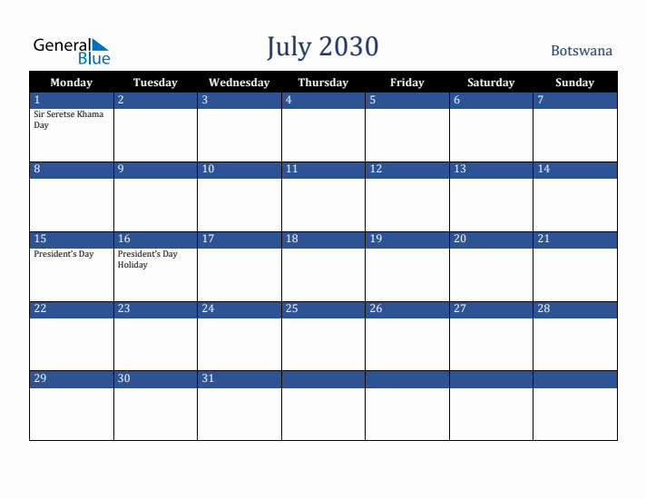 July 2030 Botswana Calendar (Monday Start)