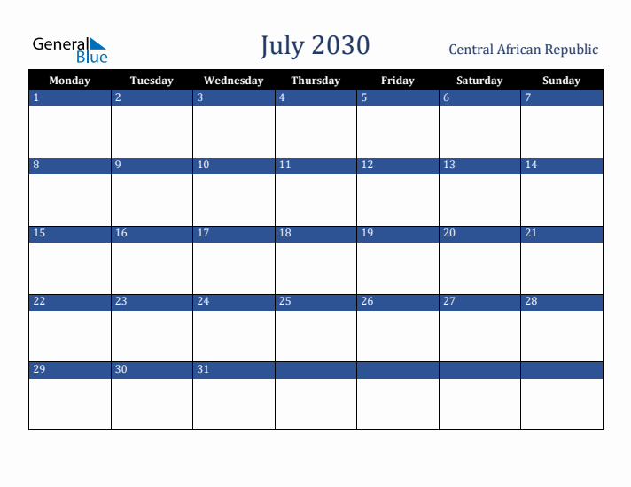 July 2030 Central African Republic Calendar (Monday Start)