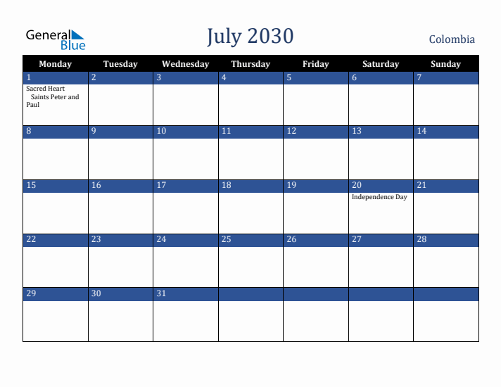 July 2030 Colombia Calendar (Monday Start)