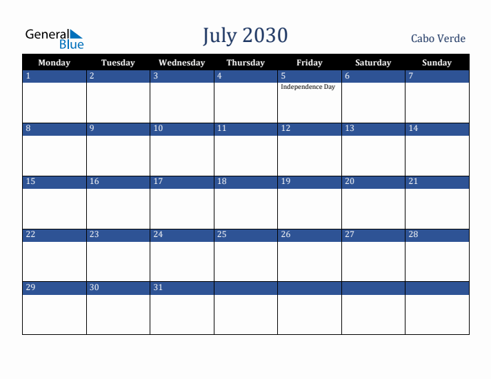 July 2030 Cabo Verde Calendar (Monday Start)