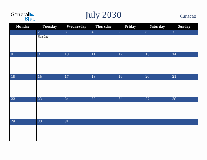 July 2030 Curacao Calendar (Monday Start)
