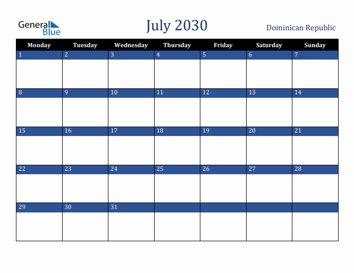 July 2030 Dominican Republic Calendar (Monday Start)