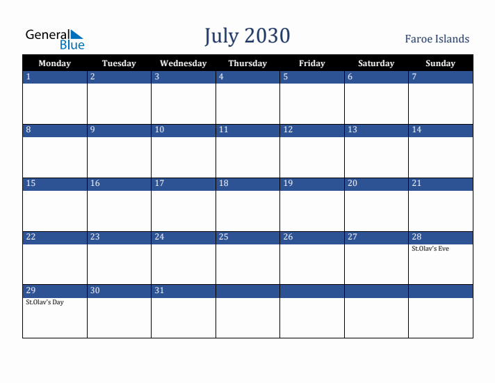 July 2030 Faroe Islands Calendar (Monday Start)