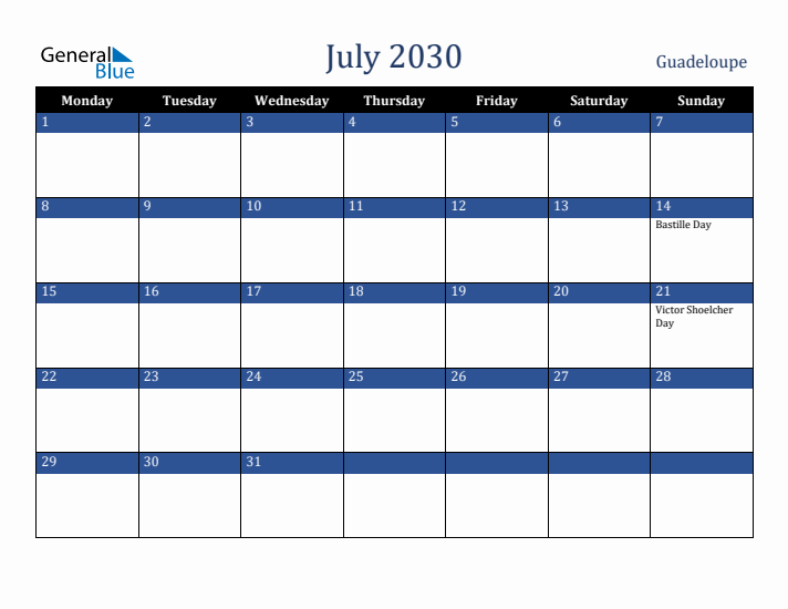 July 2030 Guadeloupe Calendar (Monday Start)