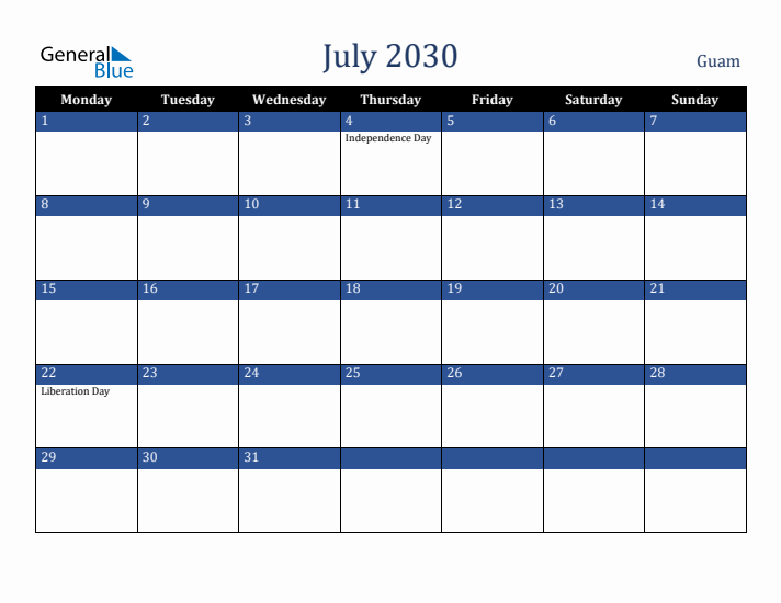 July 2030 Guam Calendar (Monday Start)