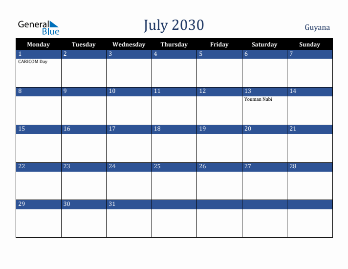 July 2030 Guyana Calendar (Monday Start)