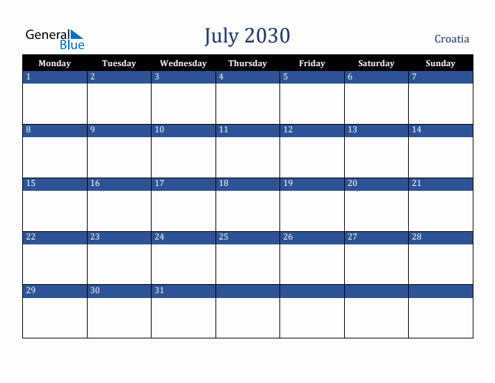 July 2030 Croatia Calendar (Monday Start)