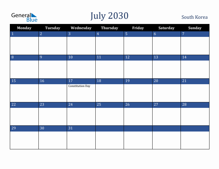 July 2030 South Korea Calendar (Monday Start)