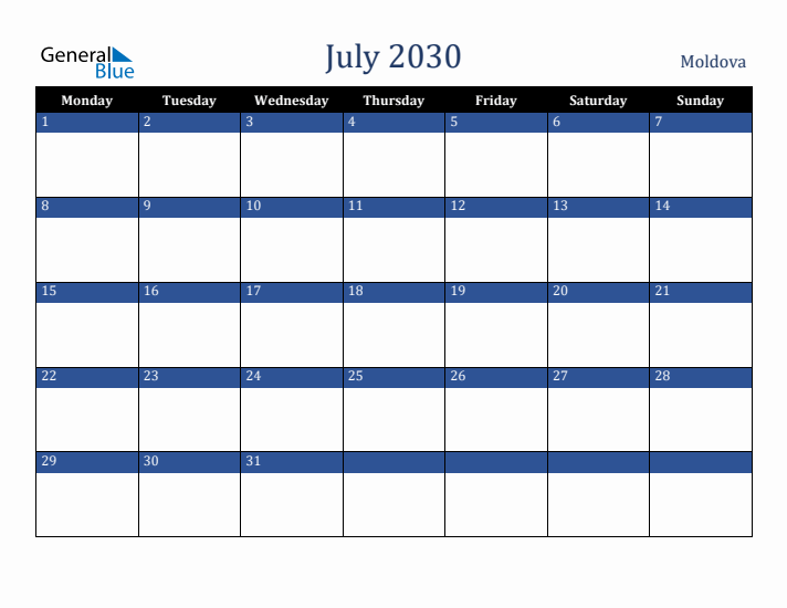 July 2030 Moldova Calendar (Monday Start)