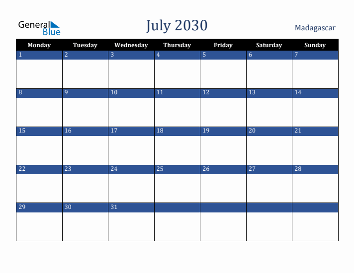 July 2030 Madagascar Calendar (Monday Start)