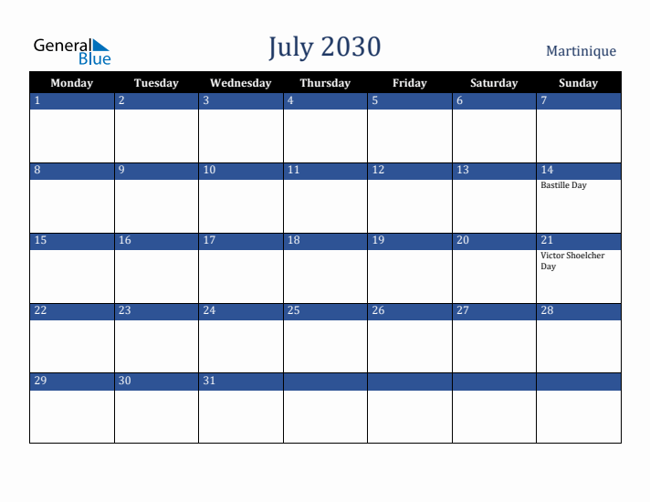 July 2030 Martinique Calendar (Monday Start)