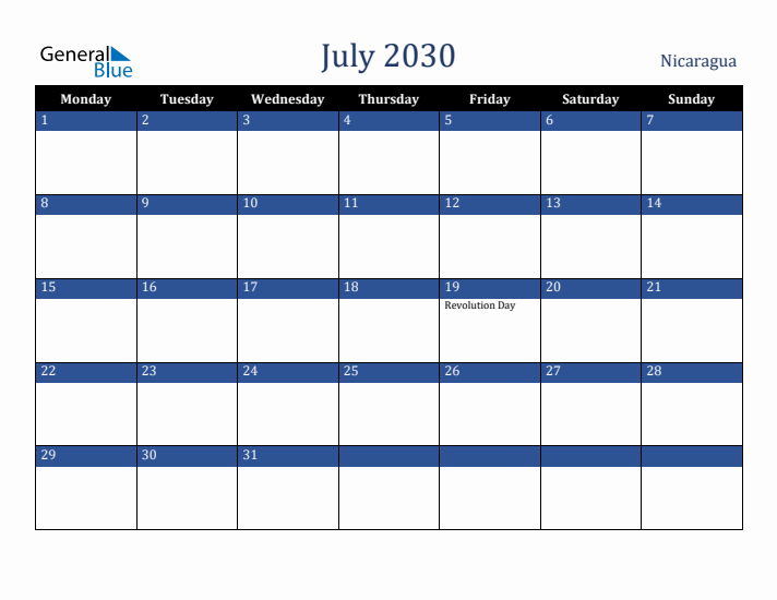 July 2030 Nicaragua Calendar (Monday Start)