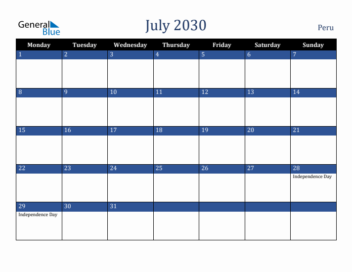 July 2030 Peru Calendar (Monday Start)