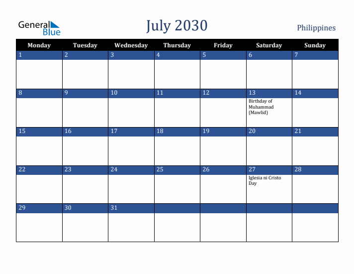 July 2030 Philippines Calendar (Monday Start)