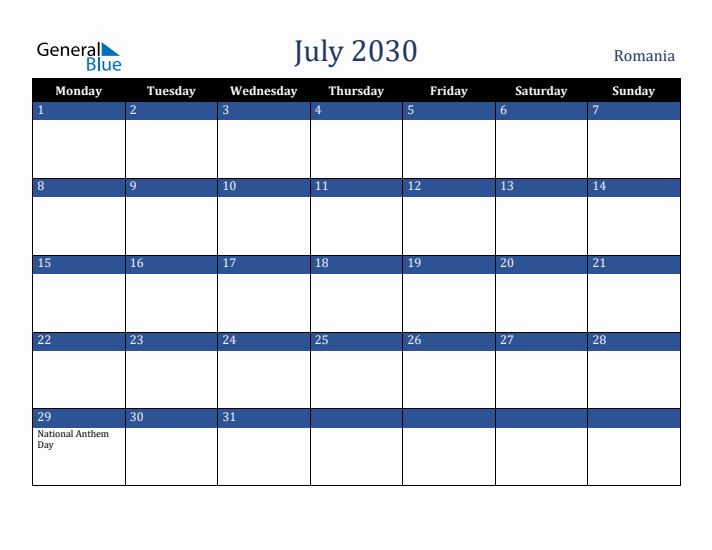 July 2030 Romania Calendar (Monday Start)