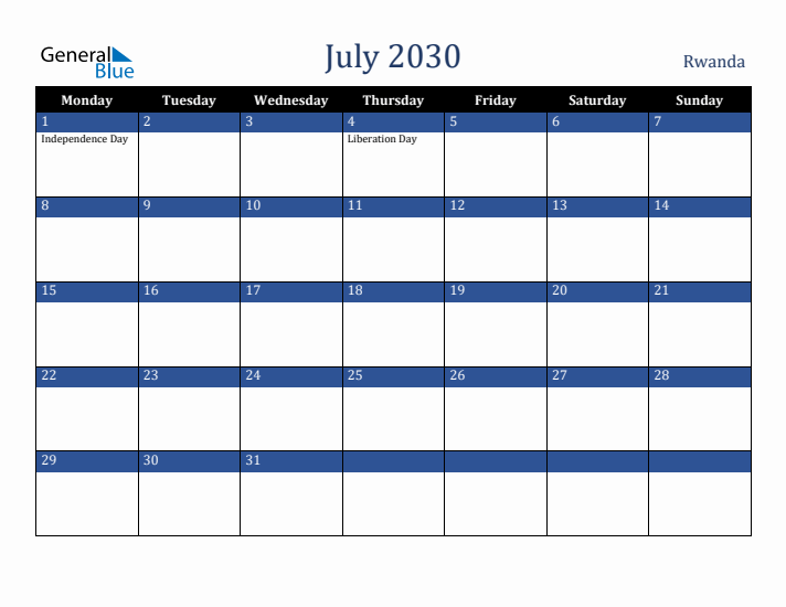 July 2030 Rwanda Calendar (Monday Start)