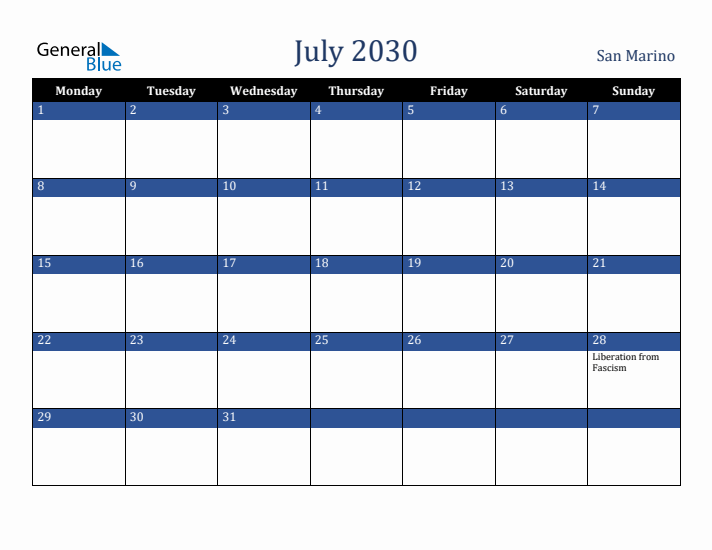 July 2030 San Marino Calendar (Monday Start)
