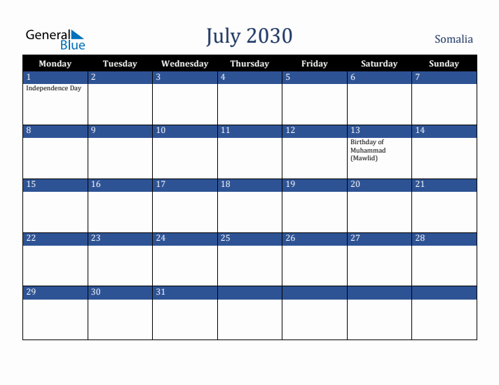 July 2030 Somalia Calendar (Monday Start)
