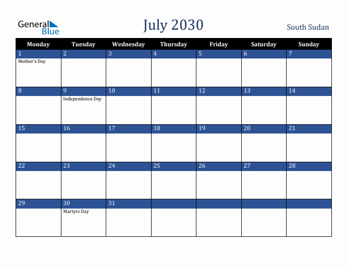 July 2030 South Sudan Calendar (Monday Start)