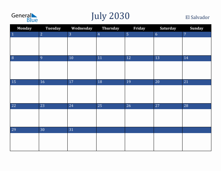 July 2030 El Salvador Calendar (Monday Start)