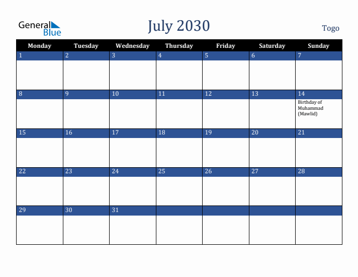 July 2030 Togo Calendar (Monday Start)