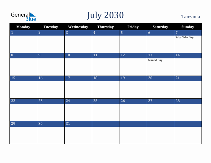 July 2030 Tanzania Calendar (Monday Start)