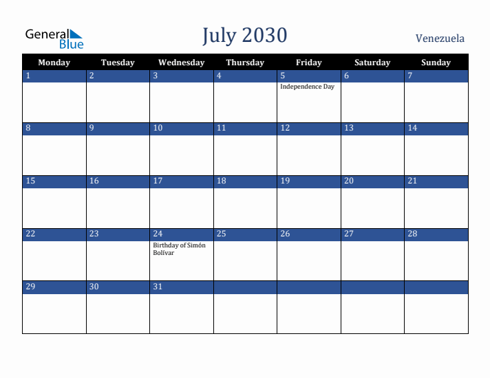 July 2030 Venezuela Calendar (Monday Start)