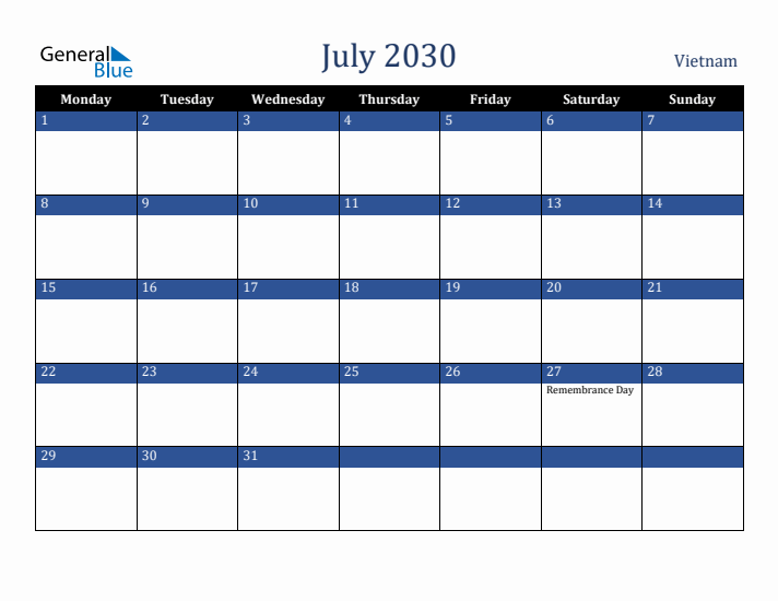 July 2030 Vietnam Calendar (Monday Start)