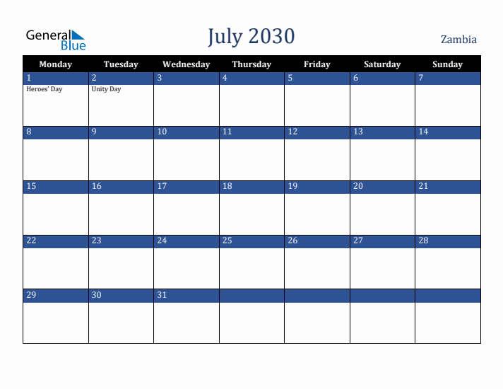 July 2030 Zambia Calendar (Monday Start)