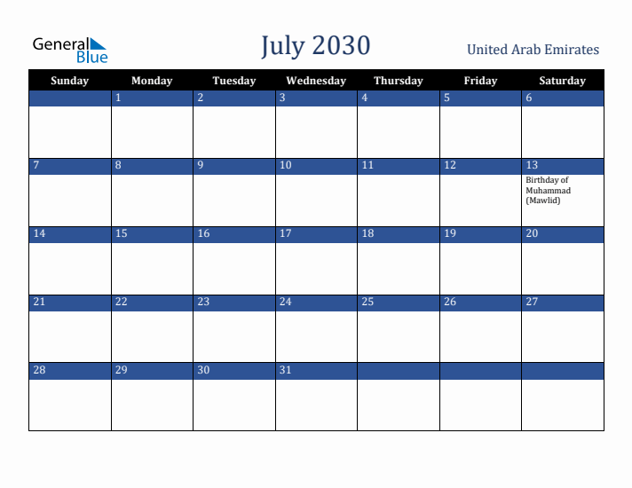 July 2030 United Arab Emirates Calendar (Sunday Start)