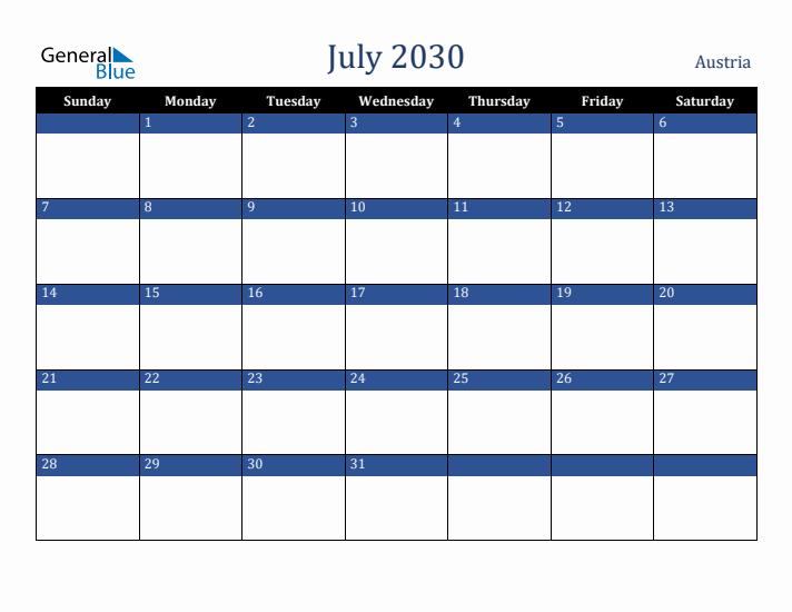 July 2030 Austria Calendar (Sunday Start)