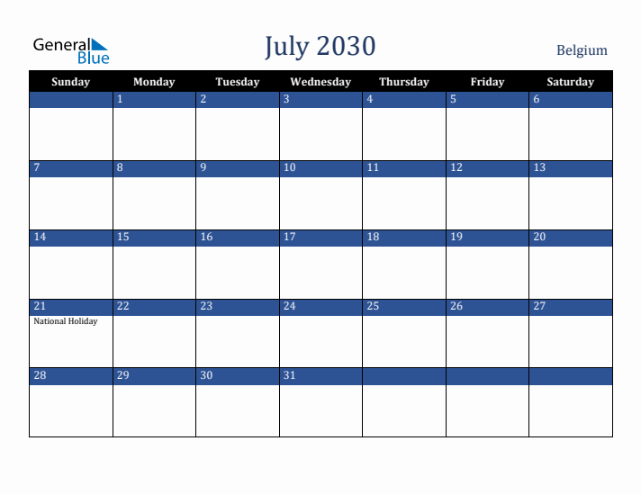 July 2030 Belgium Calendar (Sunday Start)