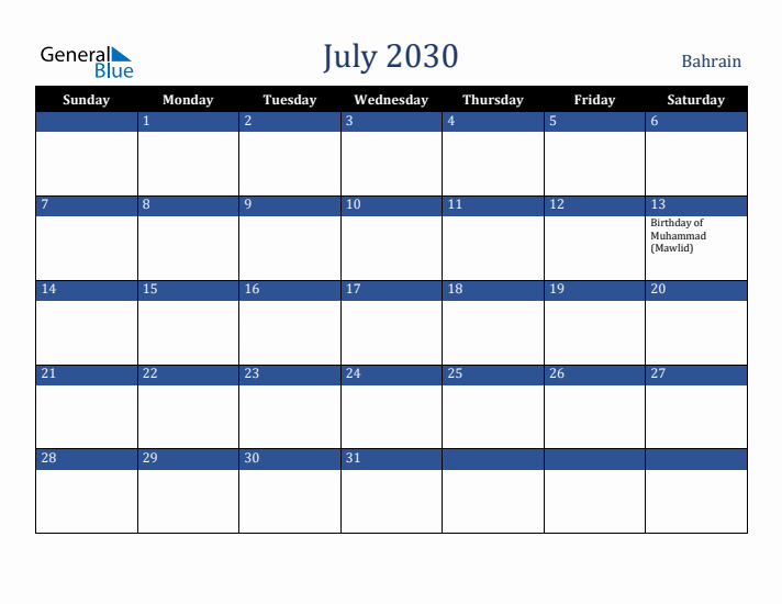 July 2030 Bahrain Calendar (Sunday Start)