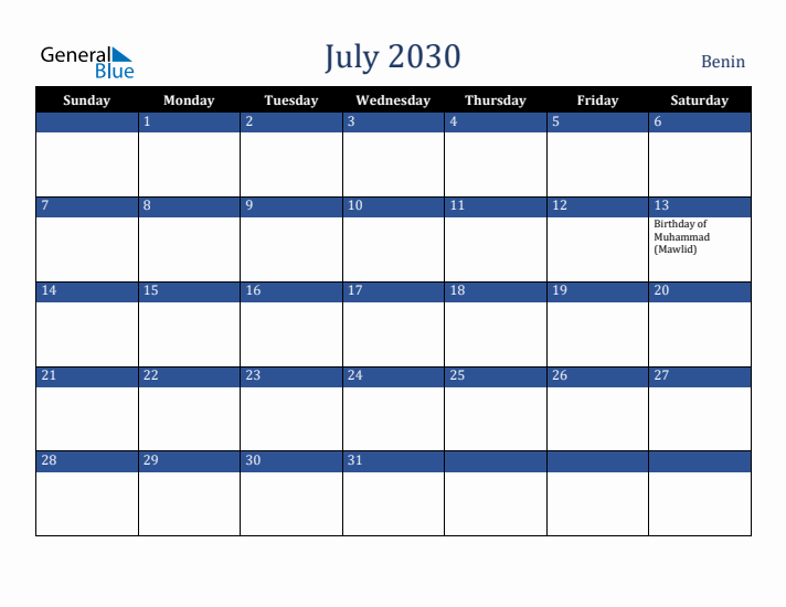 July 2030 Benin Calendar (Sunday Start)