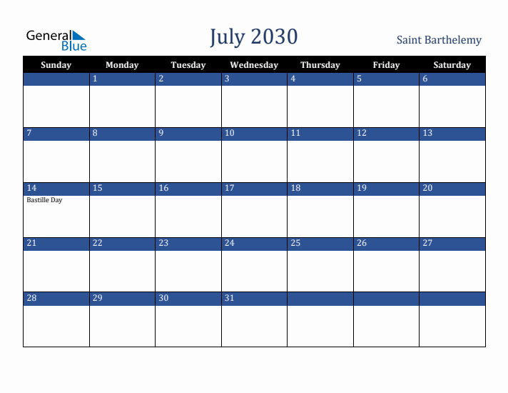 July 2030 Saint Barthelemy Calendar (Sunday Start)