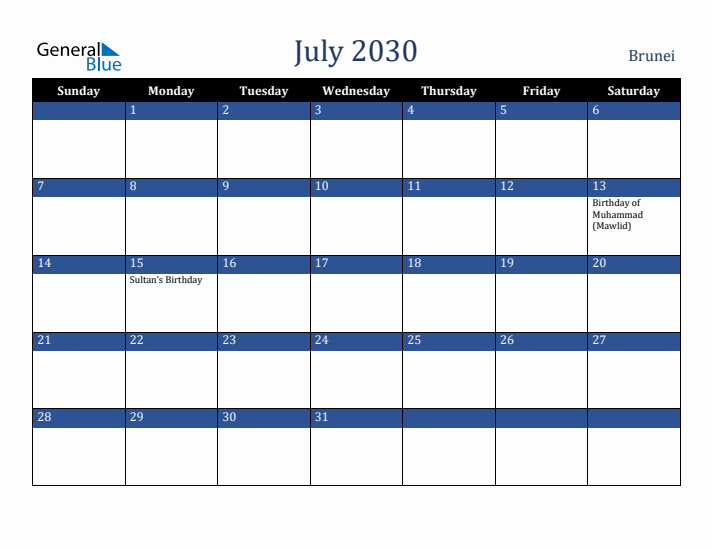 July 2030 Brunei Calendar (Sunday Start)