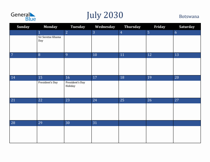 July 2030 Botswana Calendar (Sunday Start)