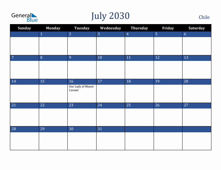 July 2030 Chile Calendar (Sunday Start)