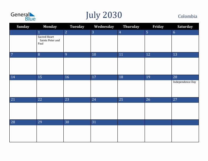 July 2030 Colombia Calendar (Sunday Start)