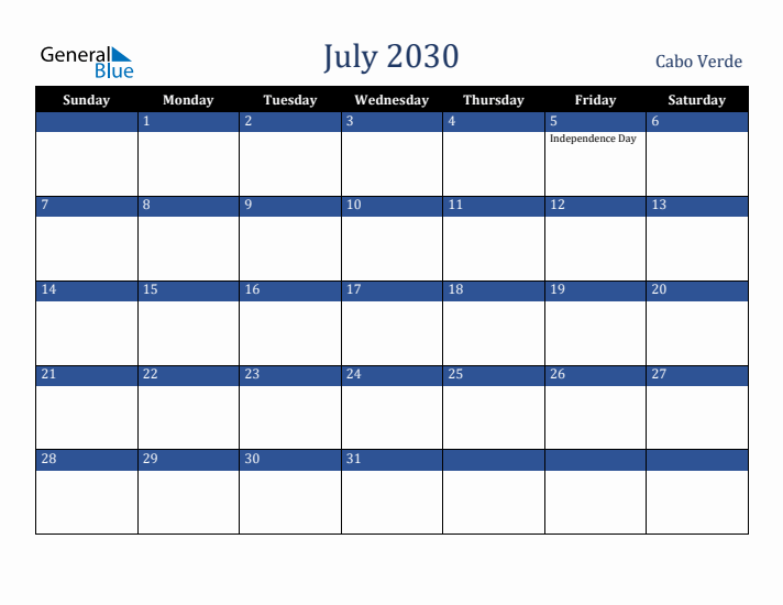 July 2030 Cabo Verde Calendar (Sunday Start)