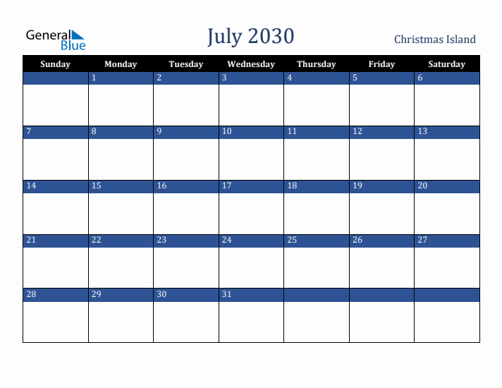 July 2030 Christmas Island Calendar (Sunday Start)