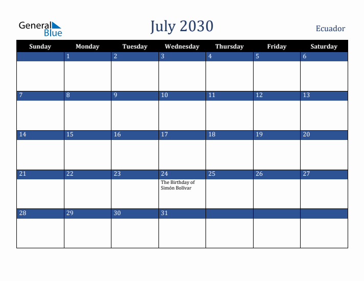 July 2030 Ecuador Calendar (Sunday Start)