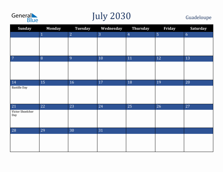 July 2030 Guadeloupe Calendar (Sunday Start)