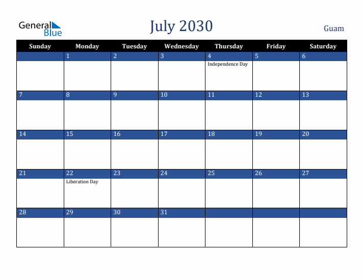 July 2030 Guam Calendar (Sunday Start)